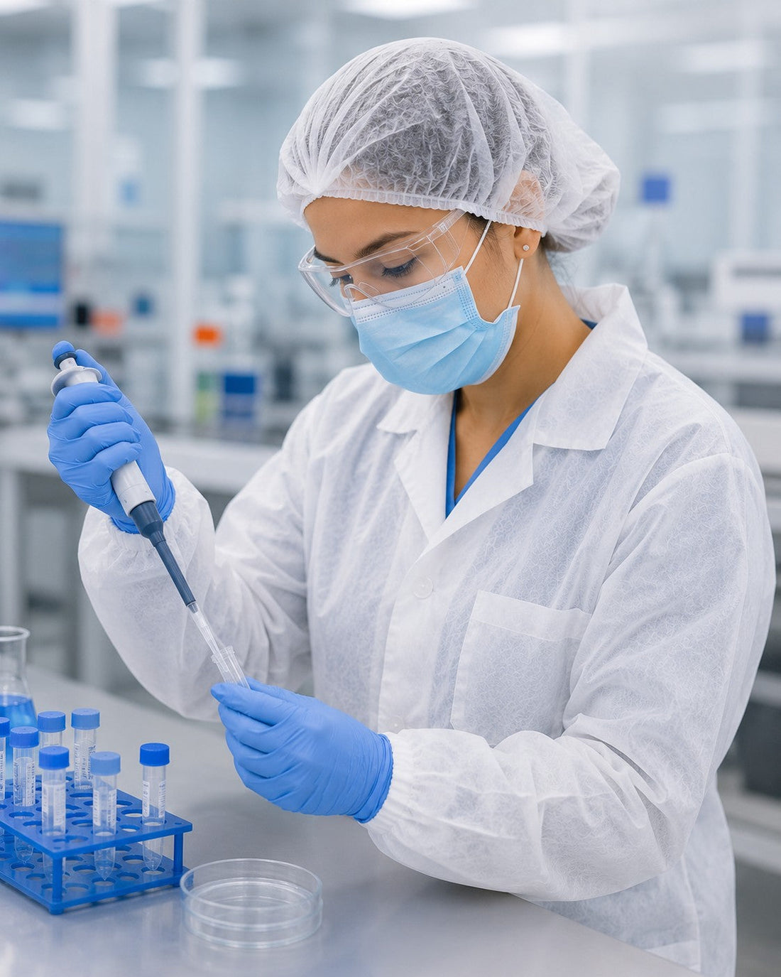 Working in PPE in a laboratory with test tubes from Welmed Inc.