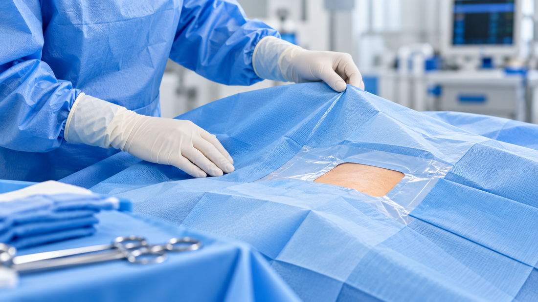 Sterile Surgical Drape in an OR with a Clinician and Sterile Surgical Instruments