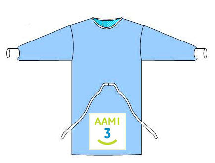 Light blue long-sleeve Endoscopy Procedure Gown with front ties with a white label indicating AAMI 3 protection on a white background