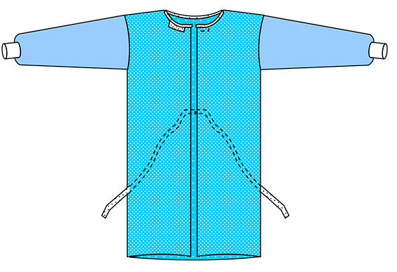 Light blue long-sleeve Endoscopy Procedure Gown back view wit back opening and showing the ties wrap around the back on a white background
