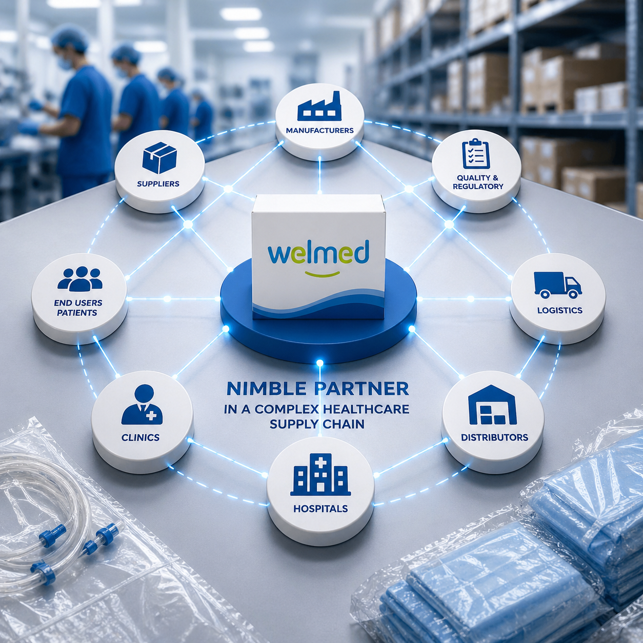 Welmed product surrounded by various connections within the healthcare supply chain network