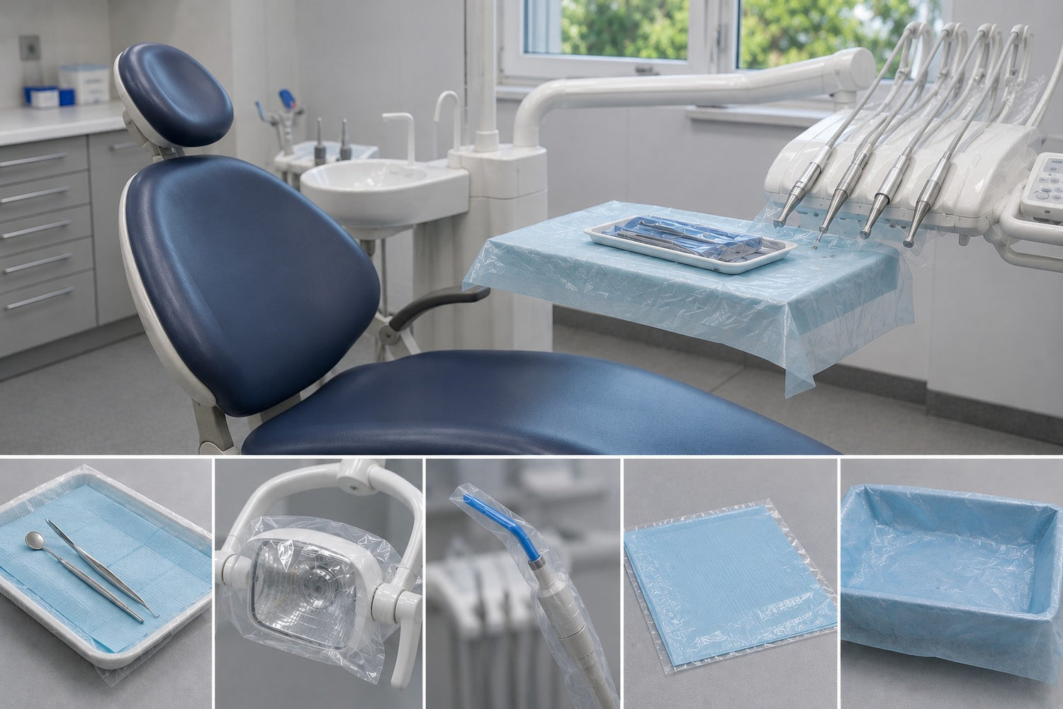 An assortment of Welmed Disposables over dental equipment