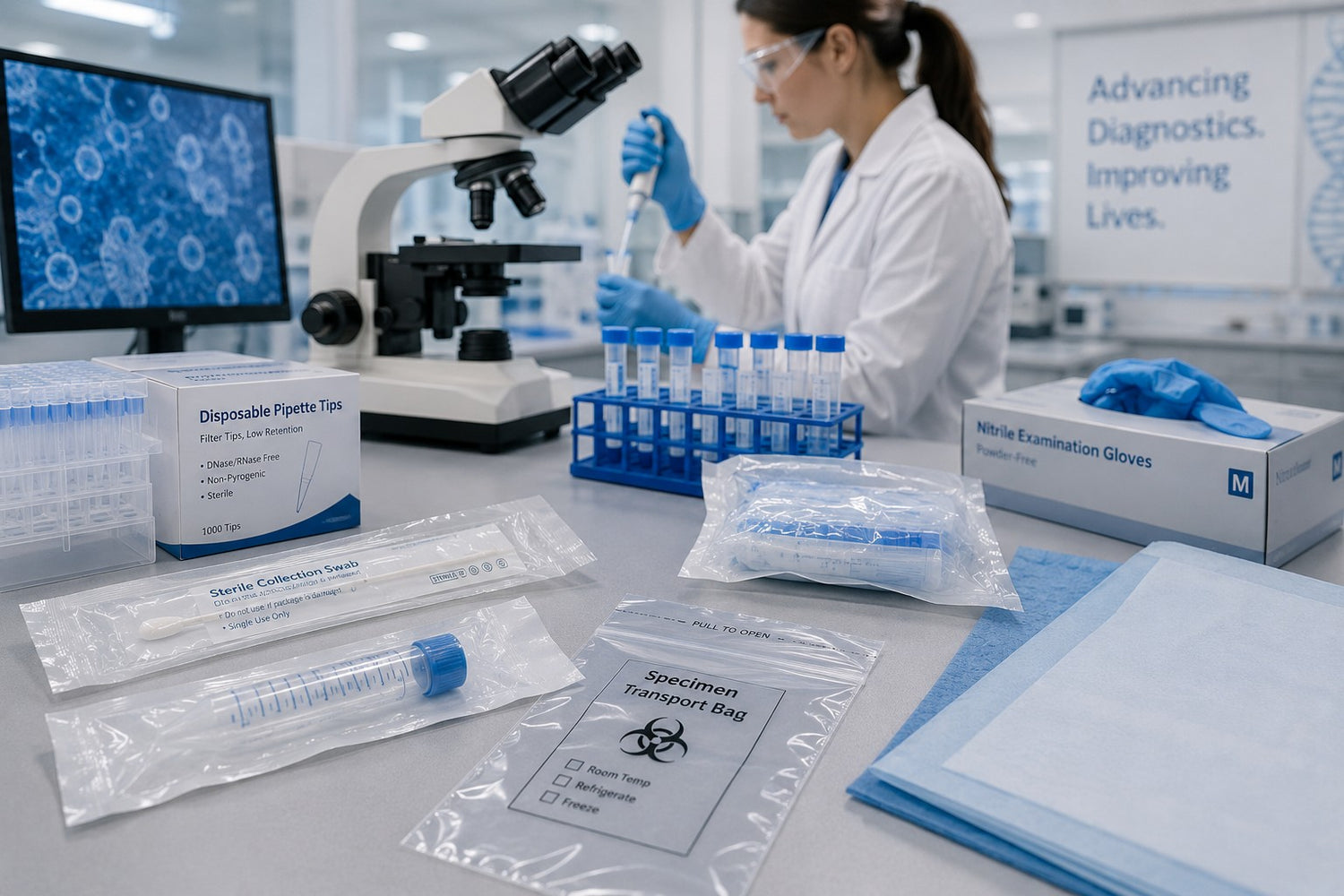 Laboratory setting with a microscope, test tubes, and a scientist working with various disposble product solutions