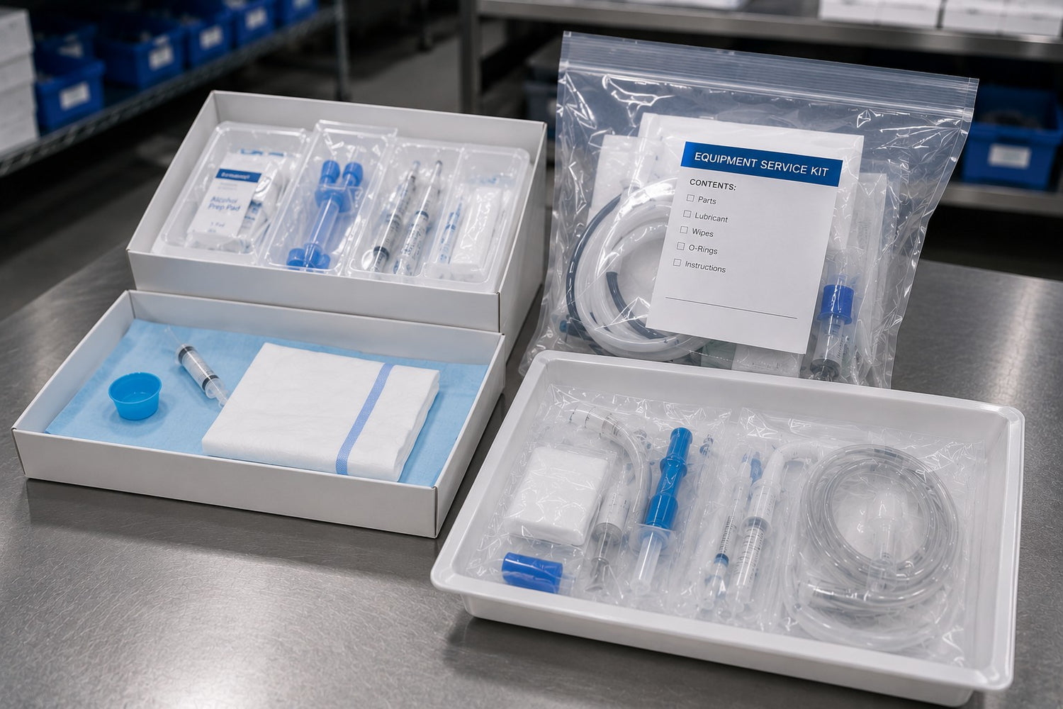Image of types of Disposable Kits and Assemblies of tubing, towels, syringes, pads and more
