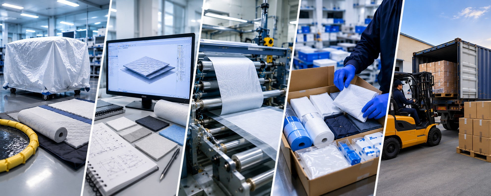 A collage of disposable solutions covering equipment, on a computer, on a manufacturing line, in a box and boxes on a truck