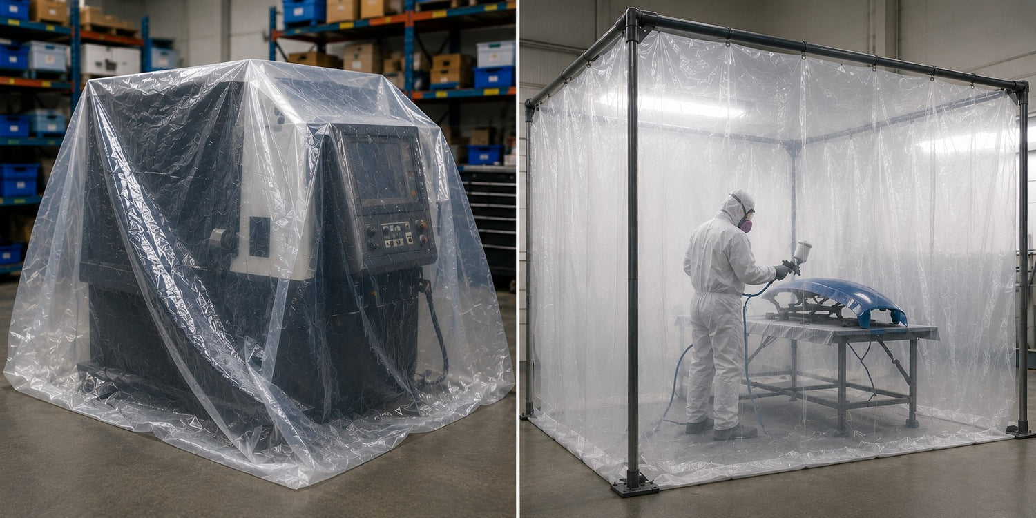 Collage of a machine wrapped in a Welmed Disposable Cover and a person in protective gear inside a transparent enclosure.