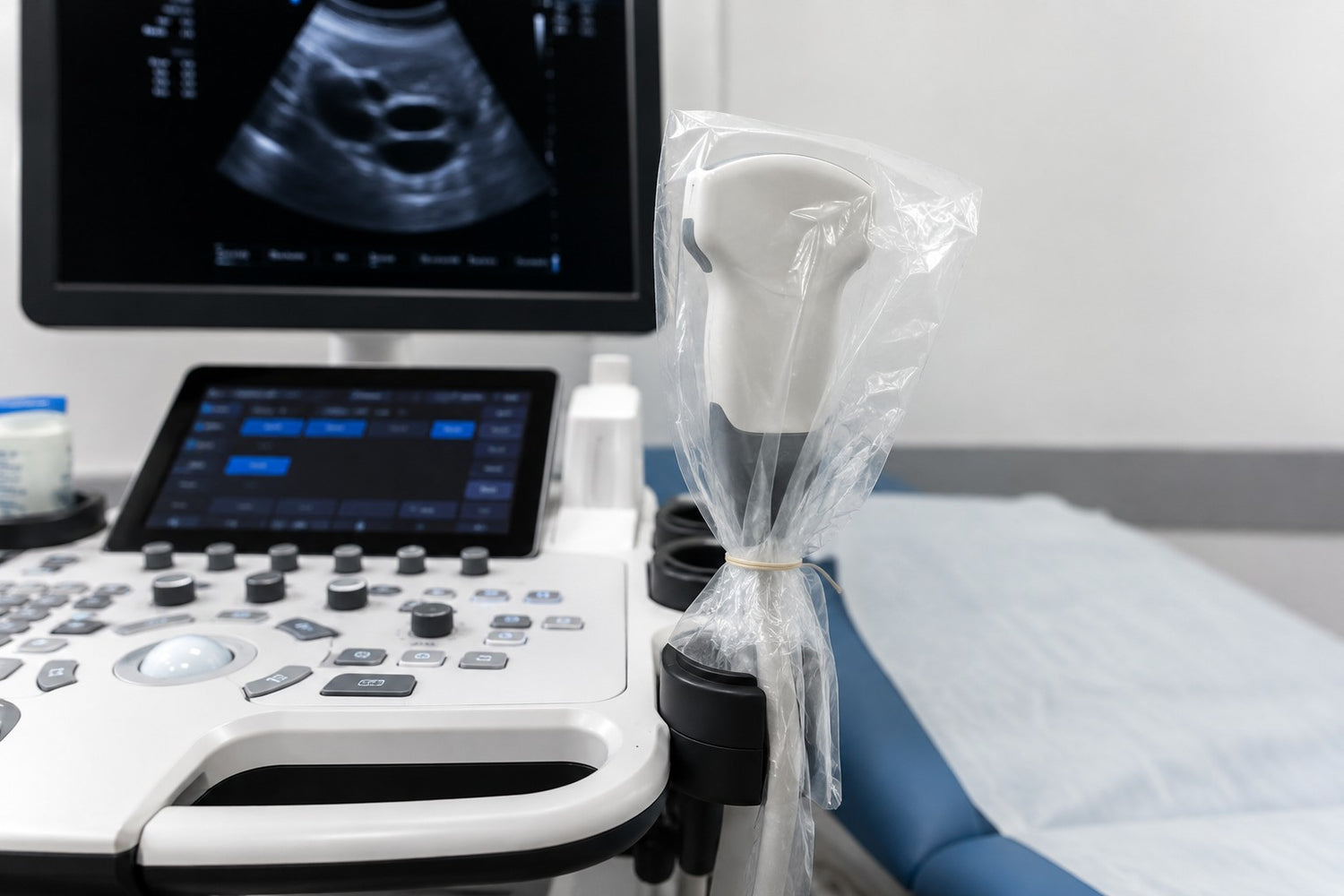 Ultrasound machine with a Welmed Probe Cover over the probe near a medical table.