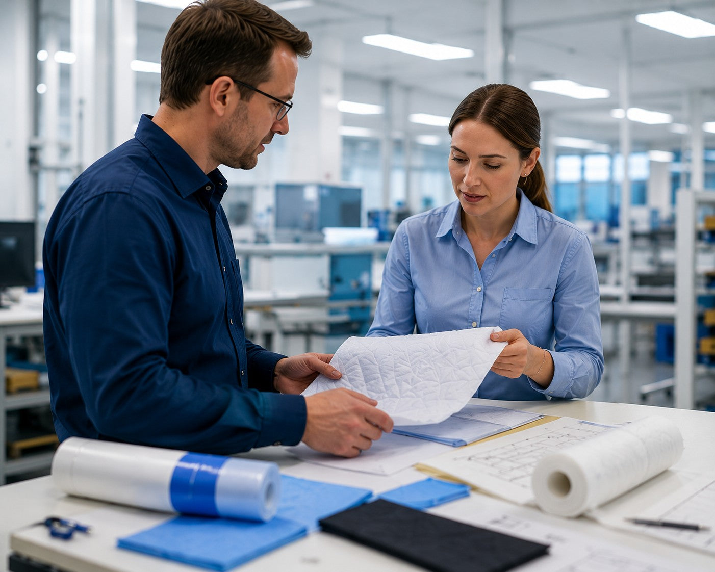 Two professionals discussing disposable product solutions in a factory setting