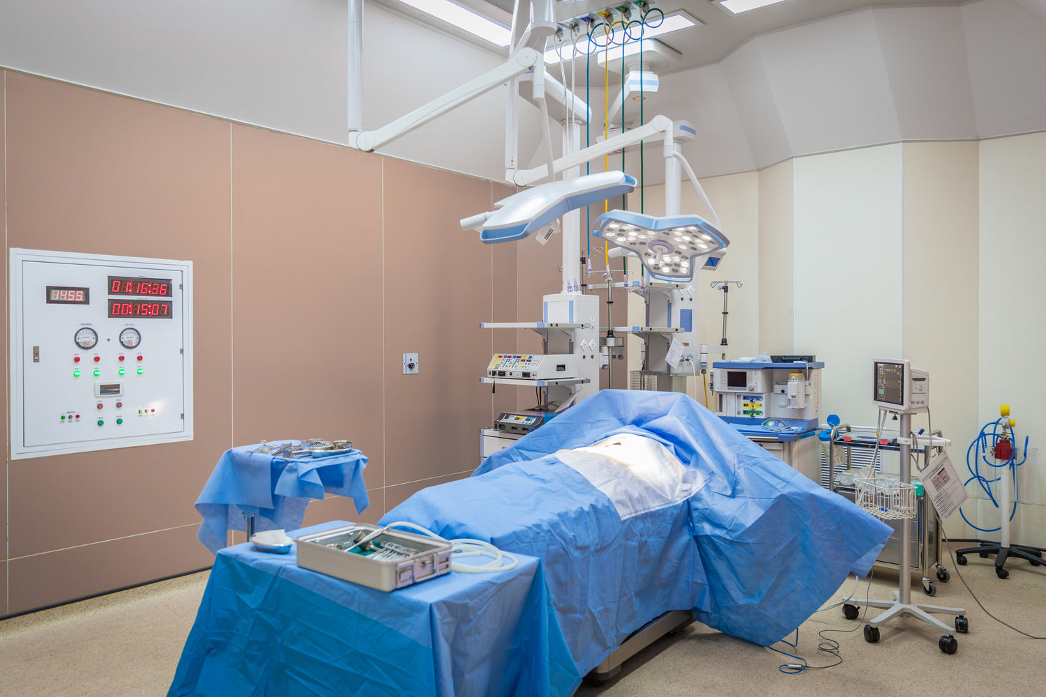 Modern operating room with medical equipment, Welmed medical disposable products over medical tables and equipment